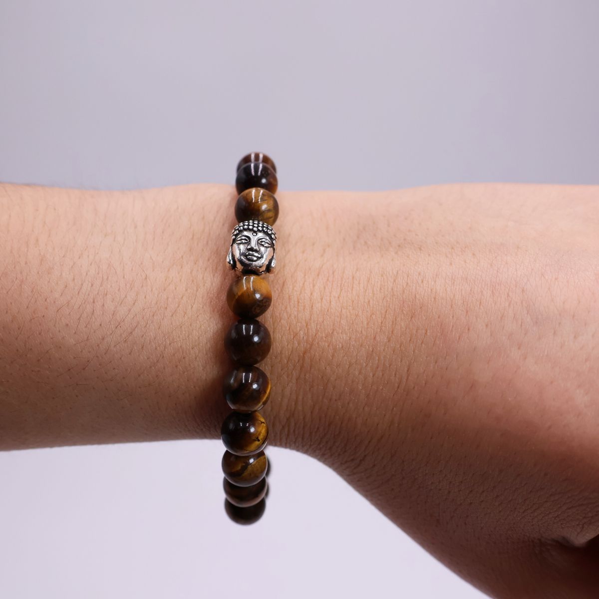 Pulseira Olho de Tigre Bola Lisa 8mm com Buda