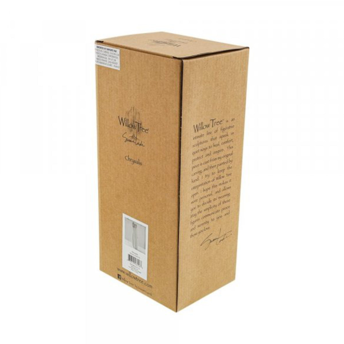 Willow Tree é uma linha íntima de estatuetas criada pela artista Susan Lordi representativas de: amor, proximidade, cura, coragem, esperança, família entre outras emoções que encontramos na vida. Envolvida numa caixa com a mensagem: 'Proteje e valoriza. Daa asas para voar'.