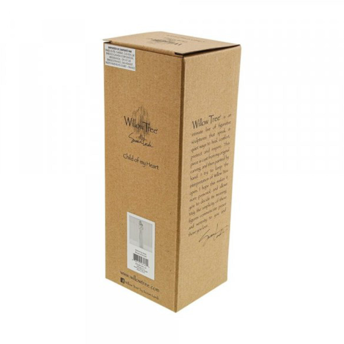 Willow Tree é uma linha íntima de estatuetas criada pela artista Susan Lordi representativas de: amor, proximidade, cura, coragem, esperança, família entre outras emoções que encontramos na vida. Envolvida numa caixa com a mensagem: 'Criança do mundo Vieste até ao meu coração Trouxeste sol para a minha vida Fazendo do nosso nome família'