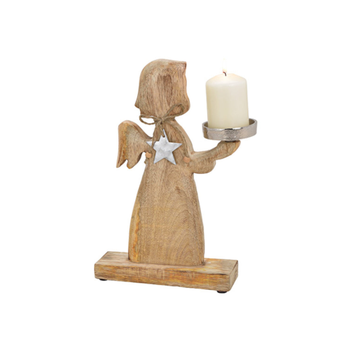 Figura de ángel de madera con soporte de luz en T