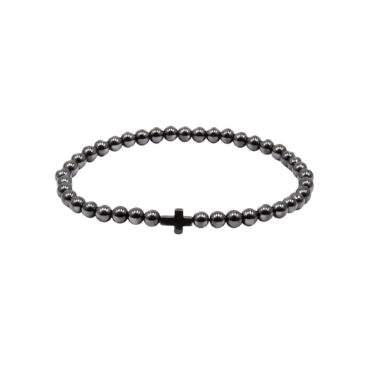 Pulseira Hematite Bola Lisa com Cruz 4mm