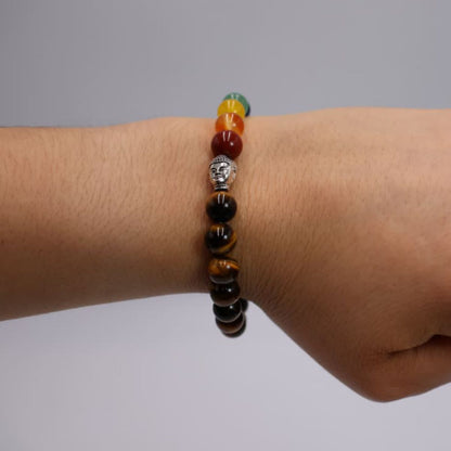 Pulseira Chakra e Olho de Tigre Bola Lisa 6mm/8mm com pendente Buda