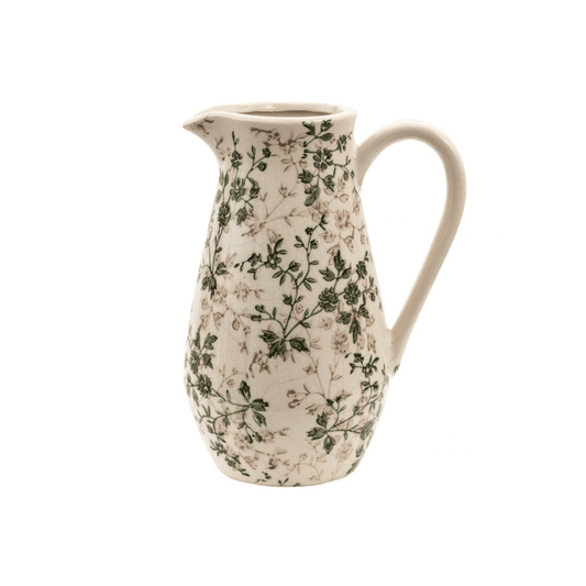 Jarra Cerâmica Bege com Flores Verdes Clayre & Eef