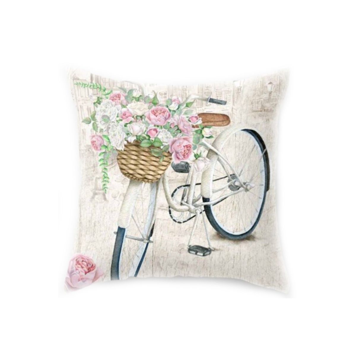 White Bicycle Cushion with Pink Flowers
