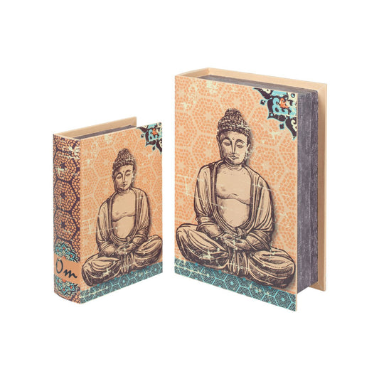Caja de libros naranja con Buda