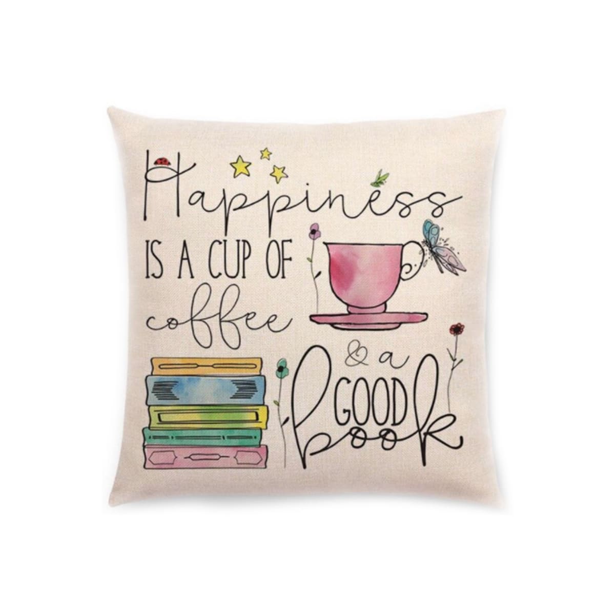 Almofada Frase "Happiness is a Cup of Coffee & a Good Book"