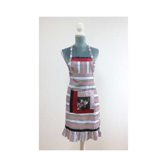 Blue/Red Striped Apron w/ Flower in the Pocket