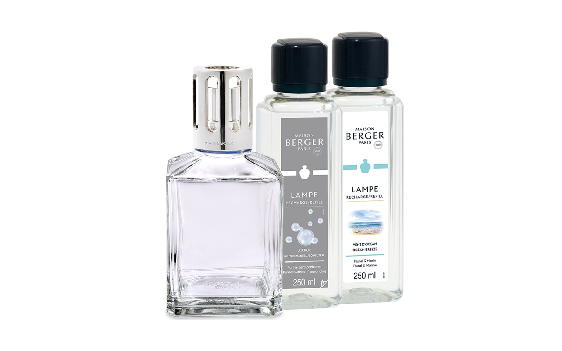 Pack Lâmpada Catalítica Transparente Quadrada Maison Berger com recargas Neutro e Ocean Breeze